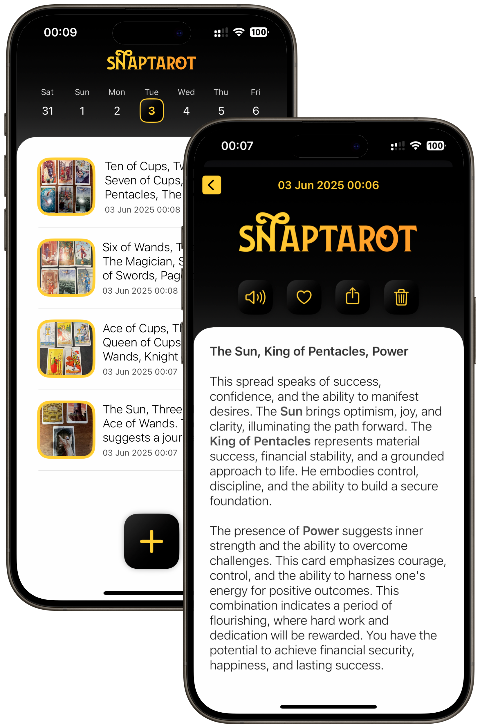 SnapTarot App Mockup on iPhone displaying card interpretation